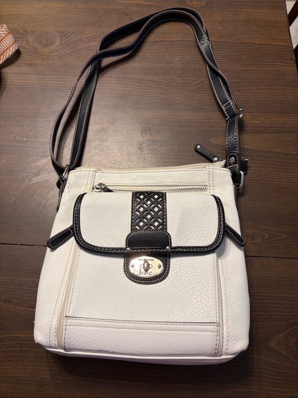 b.o.c. White Crossbody with Black Trim and Woven Accent